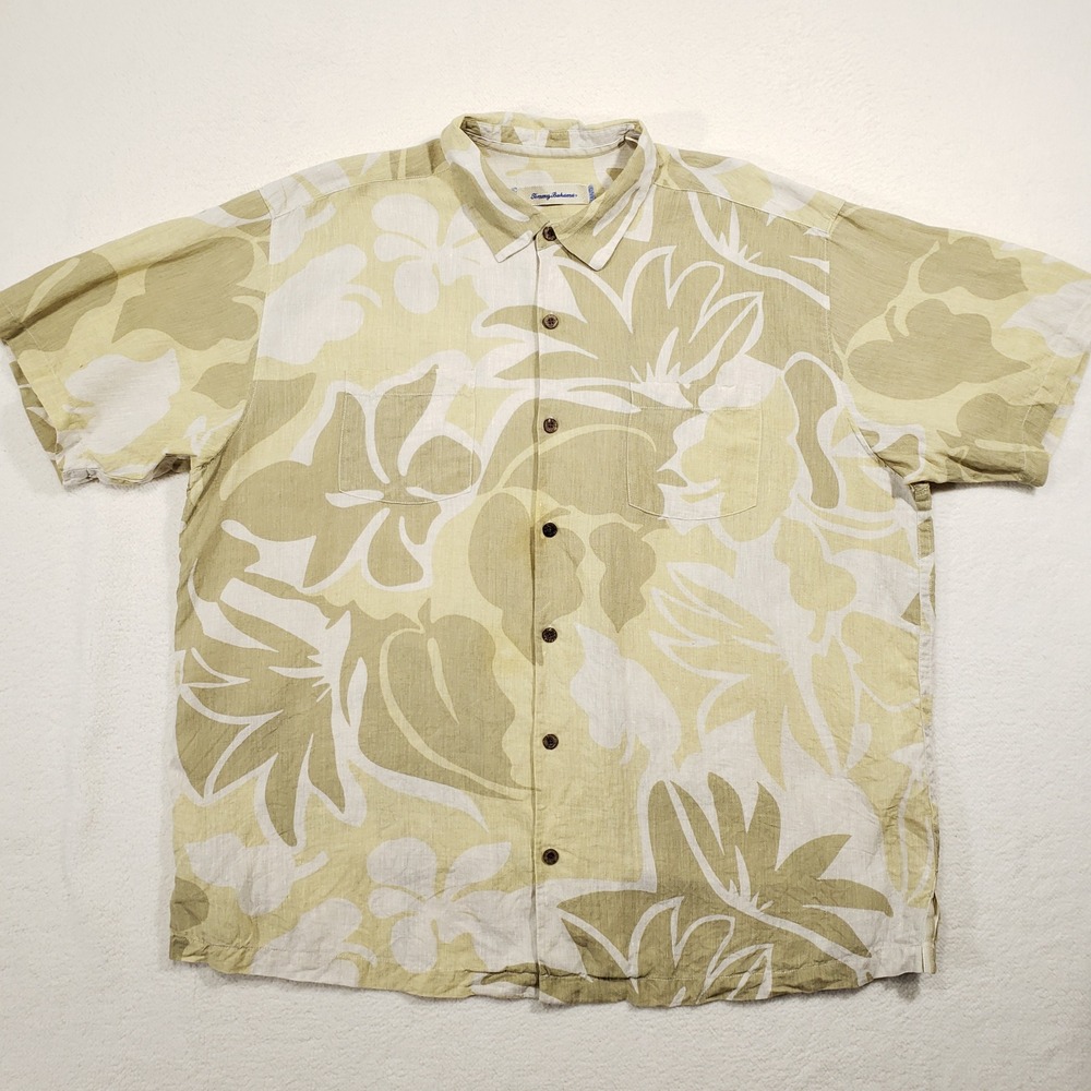 Tommy Bahama Linen Shirt Men XLX Green Tropical Floral Short Sleeve Button Front